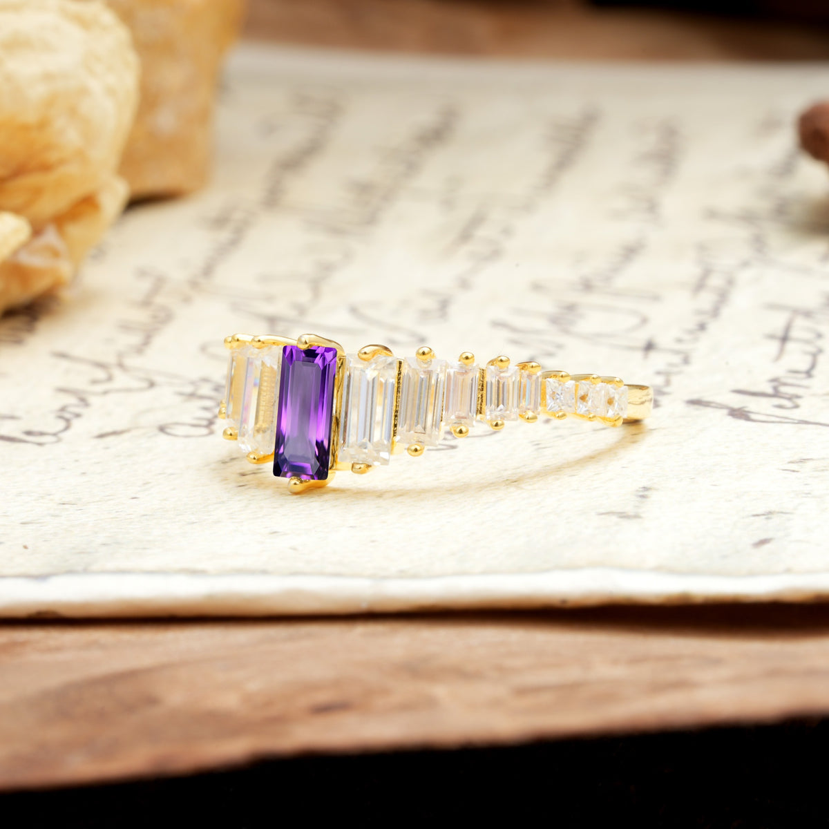 Luxurious Vintage 2-Prong Emerald Cut Amethyst Wedding Ring - Additional view
