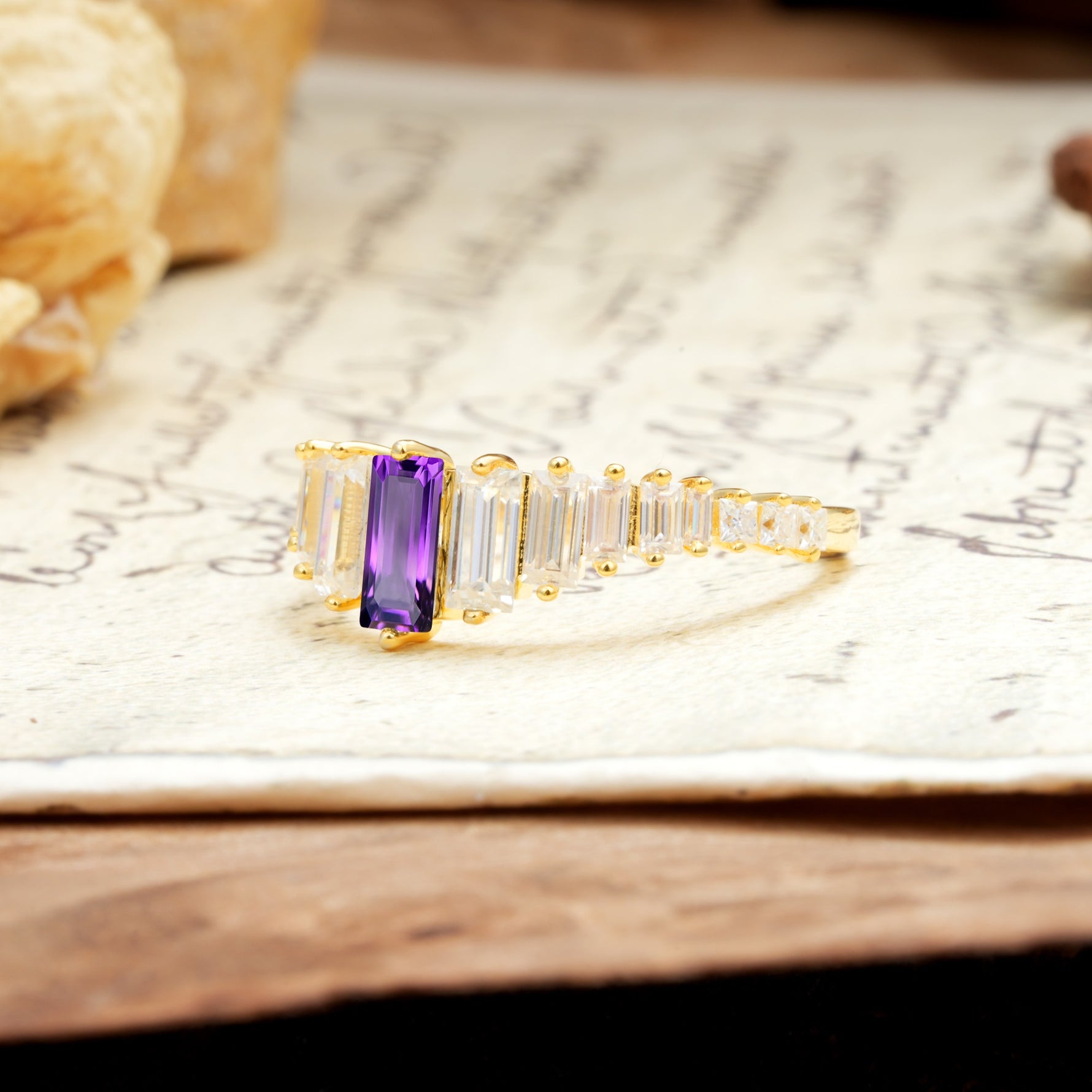Luxurious Vintage 2-Prong Emerald Cut Amethyst Wedding Ring - Additional view