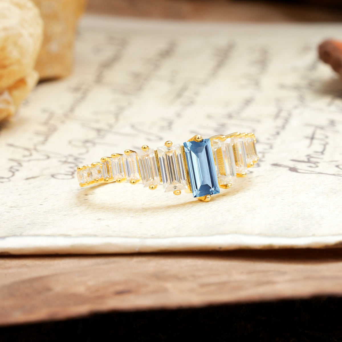 Luxurious Vintage 2-Prong Emerald Cut Aquamarine Wedding Ring - Additional view