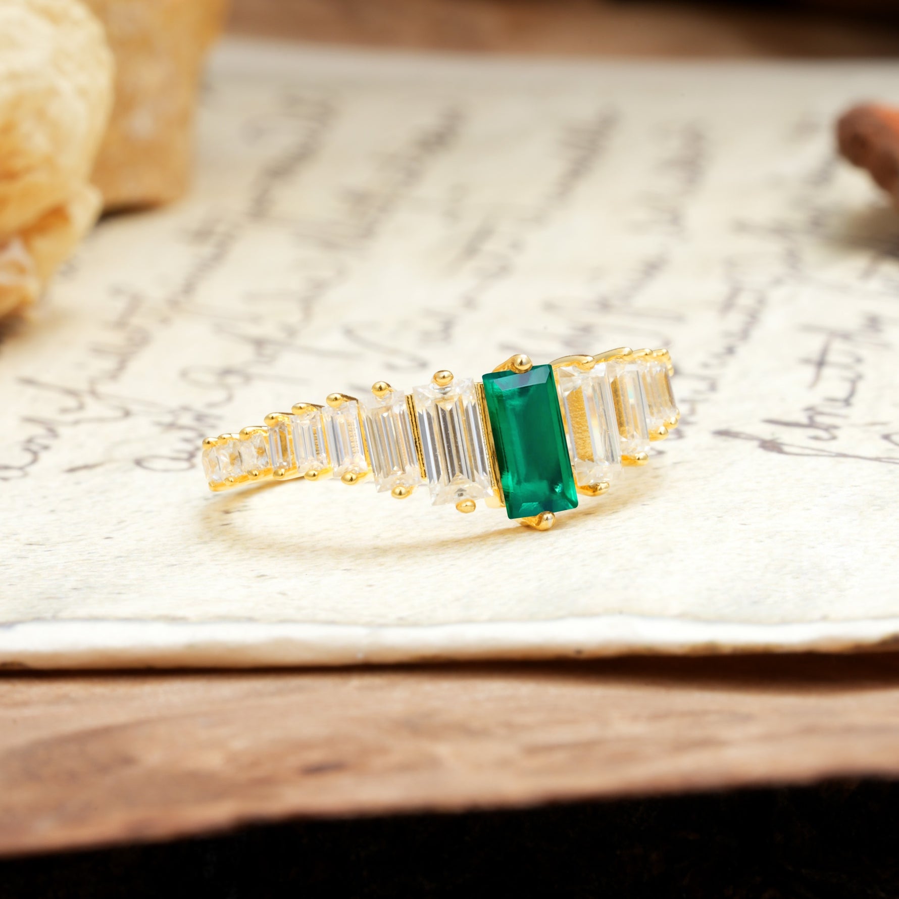 Luxurious Vintage 2-Prong Emerald Cut Emerald Wedding Ring - Additional view