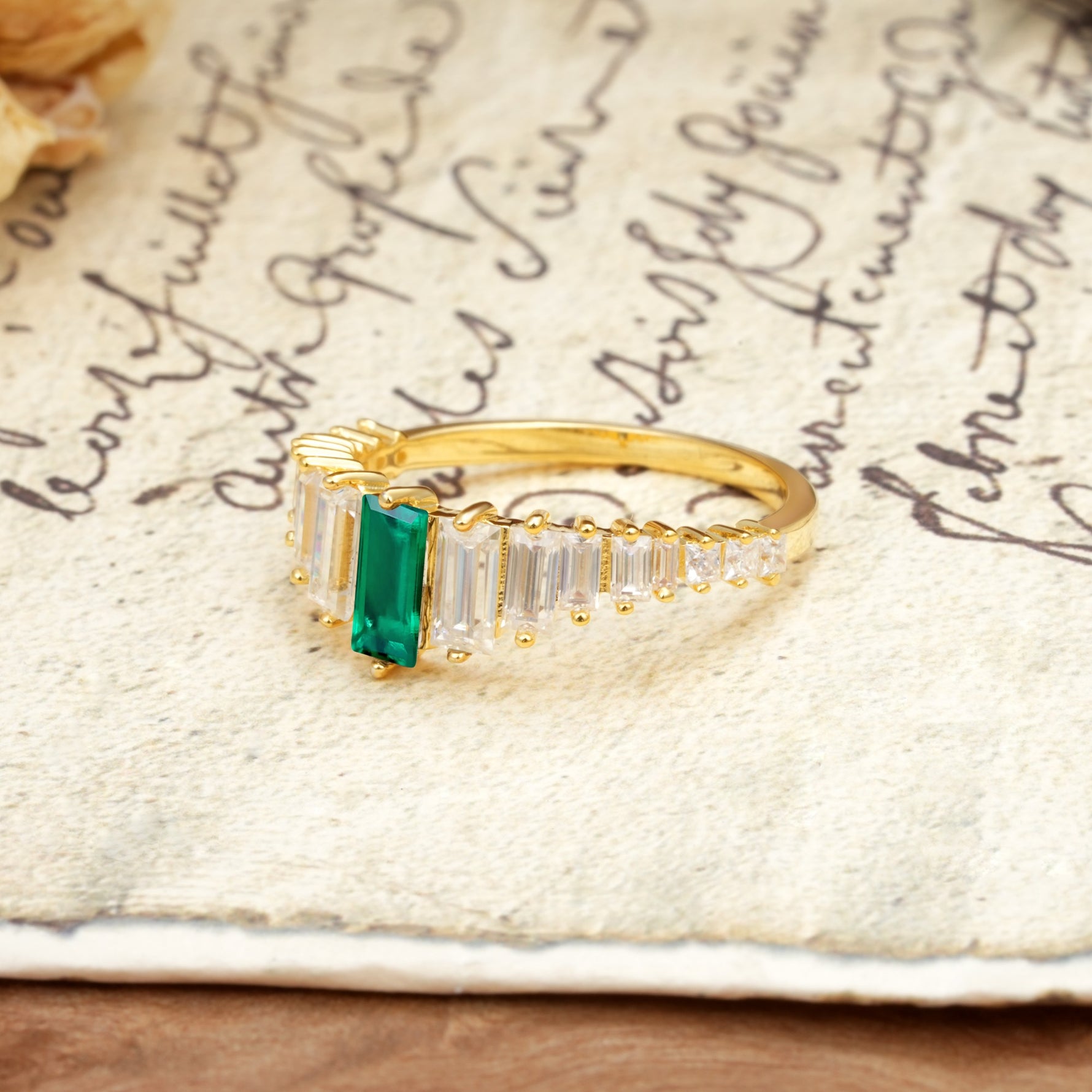 Luxurious Vintage 2-Prong Emerald Cut Emerald Wedding Ring - Additional view