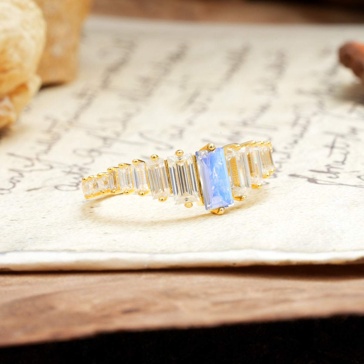 Luxurious Vintage 2-Prong Emerald Cut Moonstone Wedding Ring - Additional view
