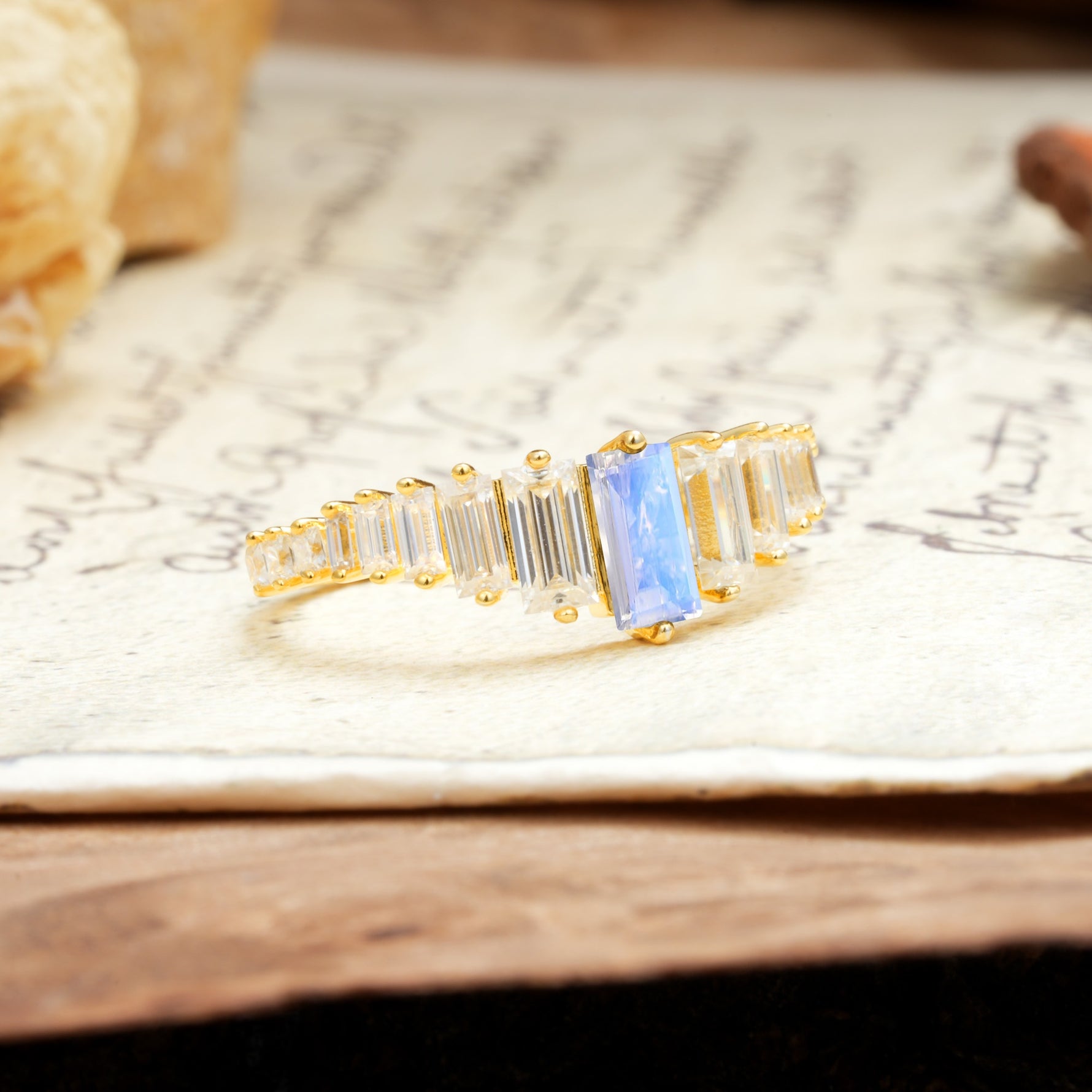 Luxurious Vintage 2-Prong Emerald Cut Moonstone Wedding Ring - Additional view
