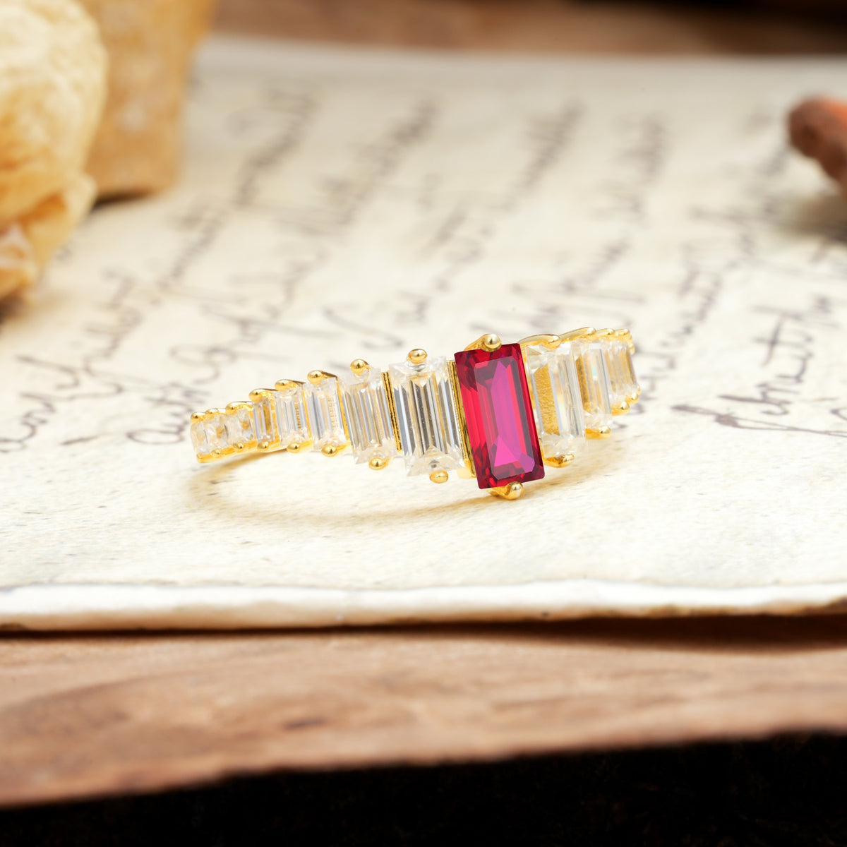 Luxurious Vintage 2-Prong Emerald Cut Ruby Wedding Ring - Additional view