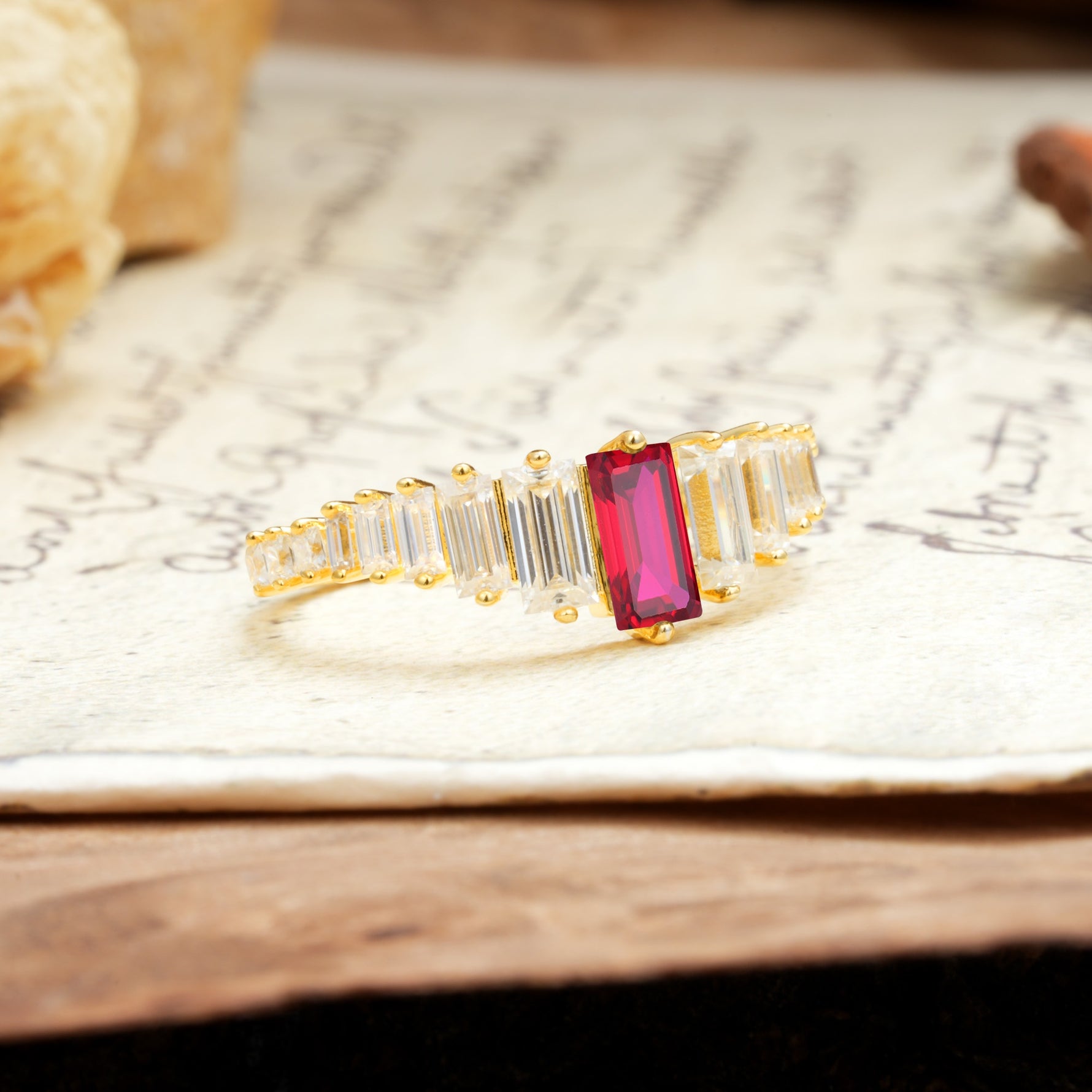 Luxurious Vintage 2-Prong Emerald Cut Ruby Wedding Ring - Additional view