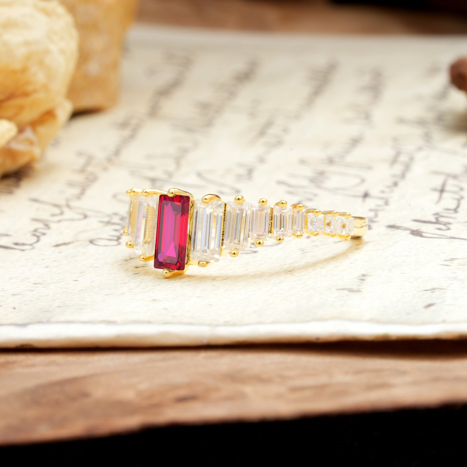 Luxurious Vintage 2-Prong Emerald Cut Ruby Wedding Ring - Additional view