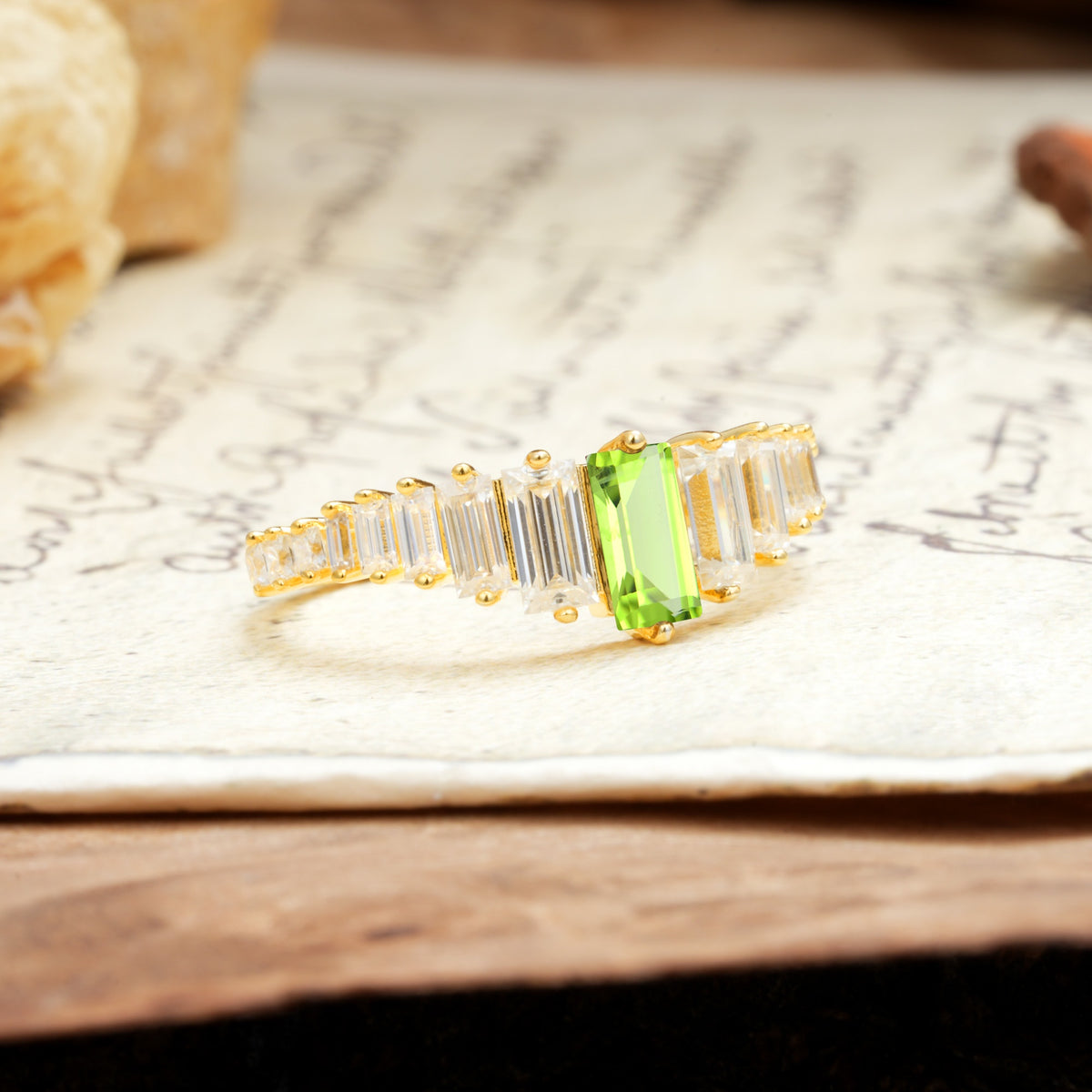 Luxurious Vintage 2-Prong Emerald Cut Peridot Wedding Ring - Additional view
