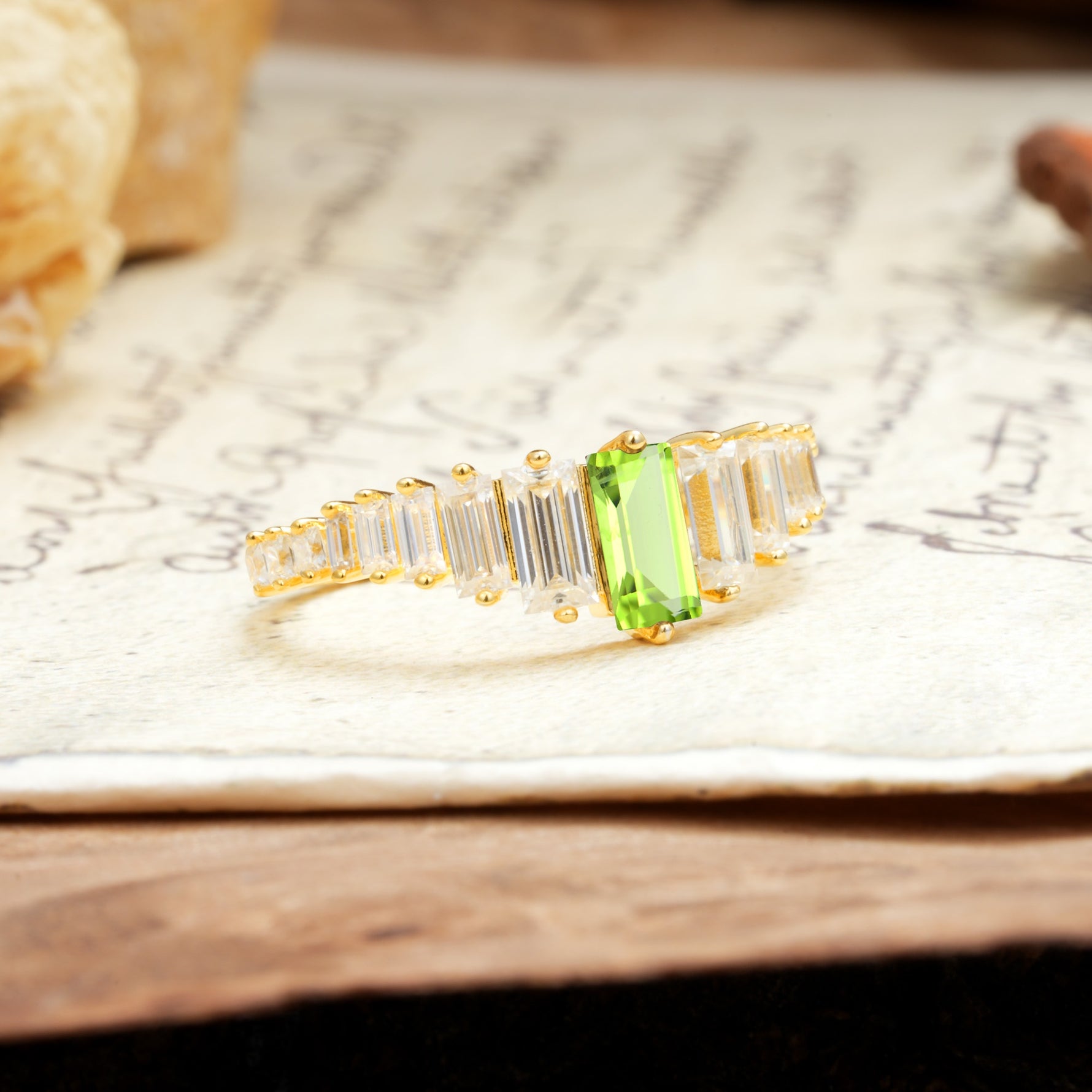 Luxurious Vintage 2-Prong Emerald Cut Peridot Wedding Ring - Additional view