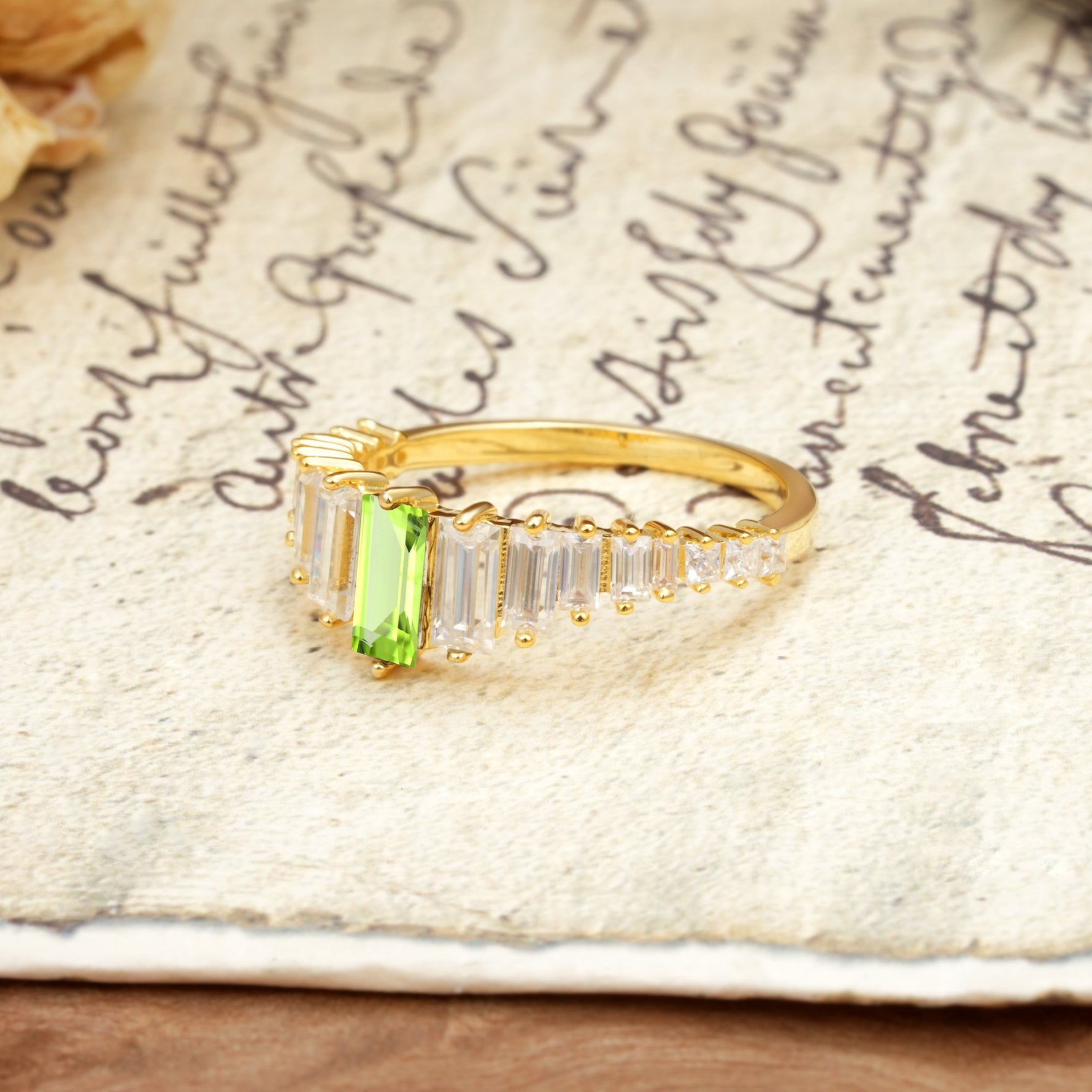 Luxurious Vintage 2-Prong Emerald Cut Peridot Wedding Ring - Additional view