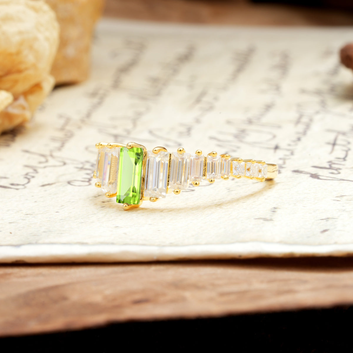 Luxurious Vintage 2-Prong Emerald Cut Peridot Wedding Ring - Additional view