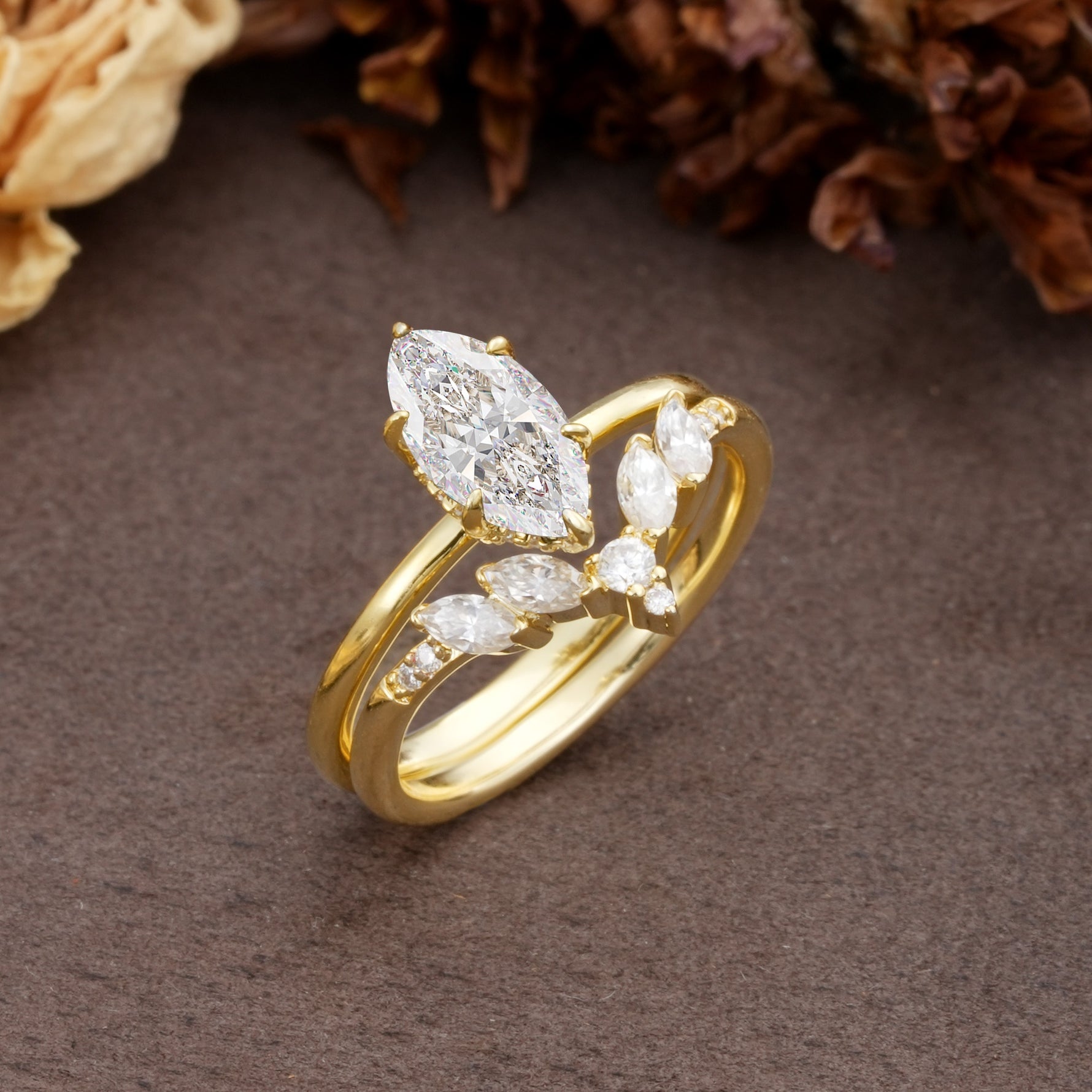 Luxurious Vintage 6-Prong Marquise Cut Moissanite Bridal Ring Set - White-Gold