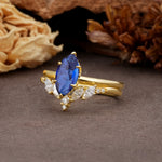 Luxurious Vintage 6-Prong Marquise Cut Sapphire Bridal Ring Set - Rose-Gold