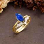 Luxurious Vintage 6-Prong Marquise Cut Sapphire Bridal Ring Set - White-Gold
