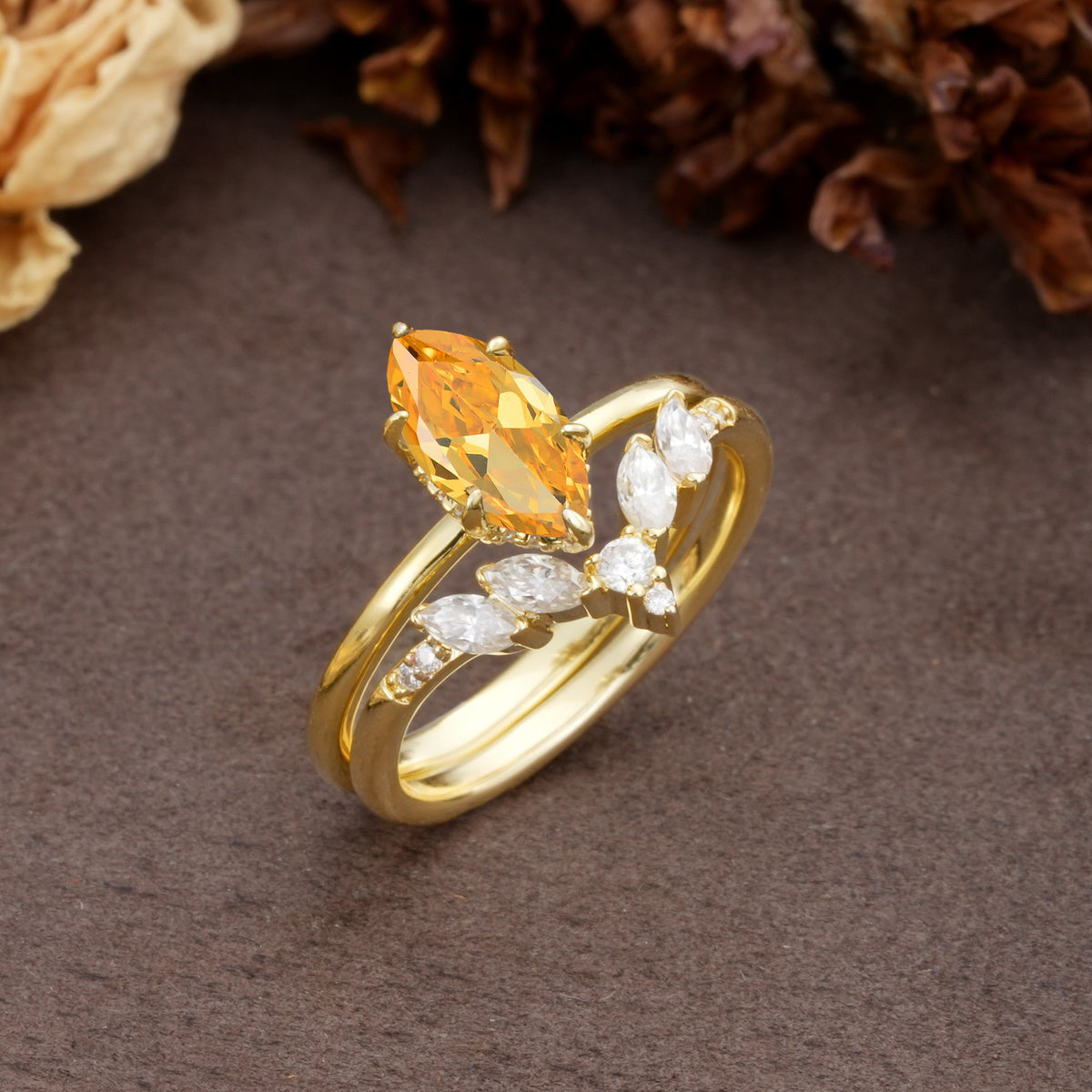 Luxurious Vintage 6-Prong Marquise Cut Citrine Bridal Ring Set - White-Gold
