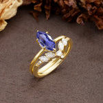 Luxurious Vintage 6-Prong Marquise Cut Tanzanite Bridal Ring Set - White-Gold