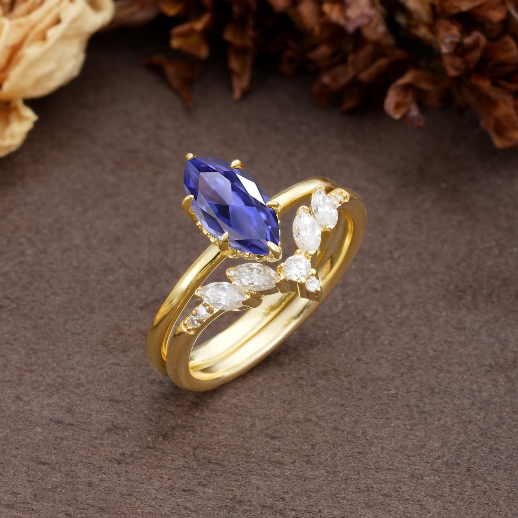 Luxurious Vintage 6-Prong Marquise Cut Tanzanite Bridal Ring Set - White-Gold