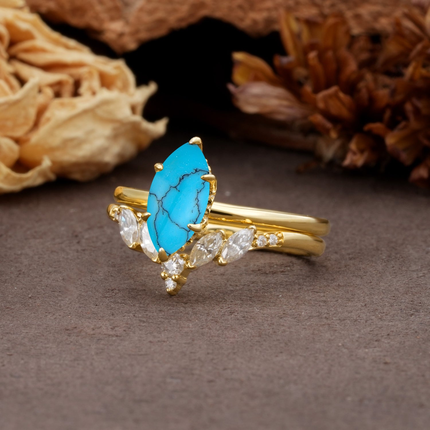 Luxurious Vintage 6-Prong Marquise Cut Turquoise Bridal Ring Set - Rose-Gold