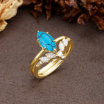 Luxurious Vintage 6-Prong Marquise Cut Turquoise Bridal Ring Set - White-Gold