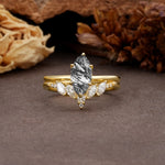 Luxurious Vintage 6-Prong Marquise Cut Black Rutilated Quartz Bridal Ring Set - Yellow-Gold