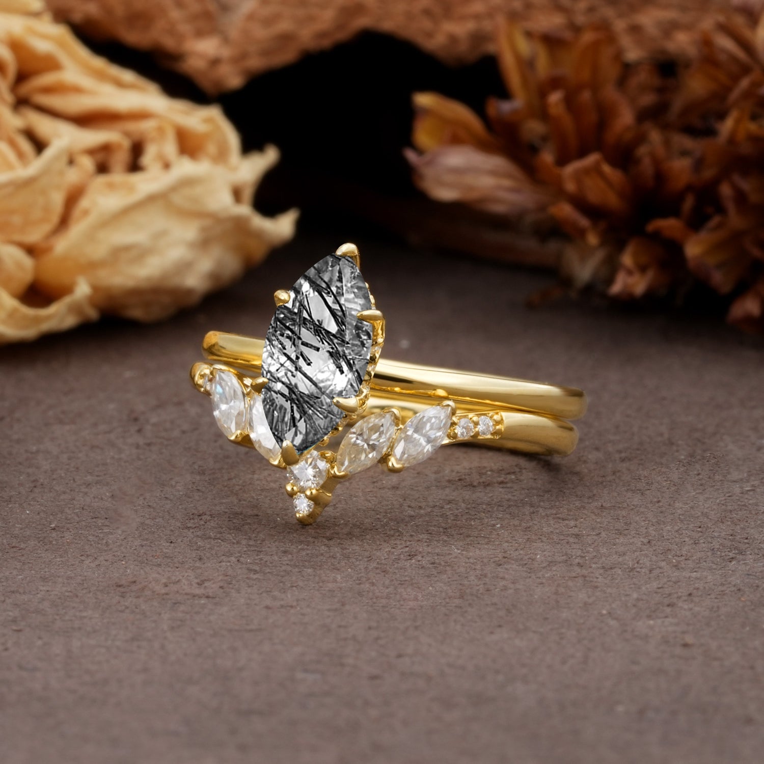 Luxurious Vintage 6-Prong Marquise Cut Black Rutilated Quartz Bridal Ring Set - Rose-Gold