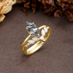 Luxurious Vintage 6-Prong Marquise Cut Black Rutilated Quartz Bridal Ring Set - White-Gold