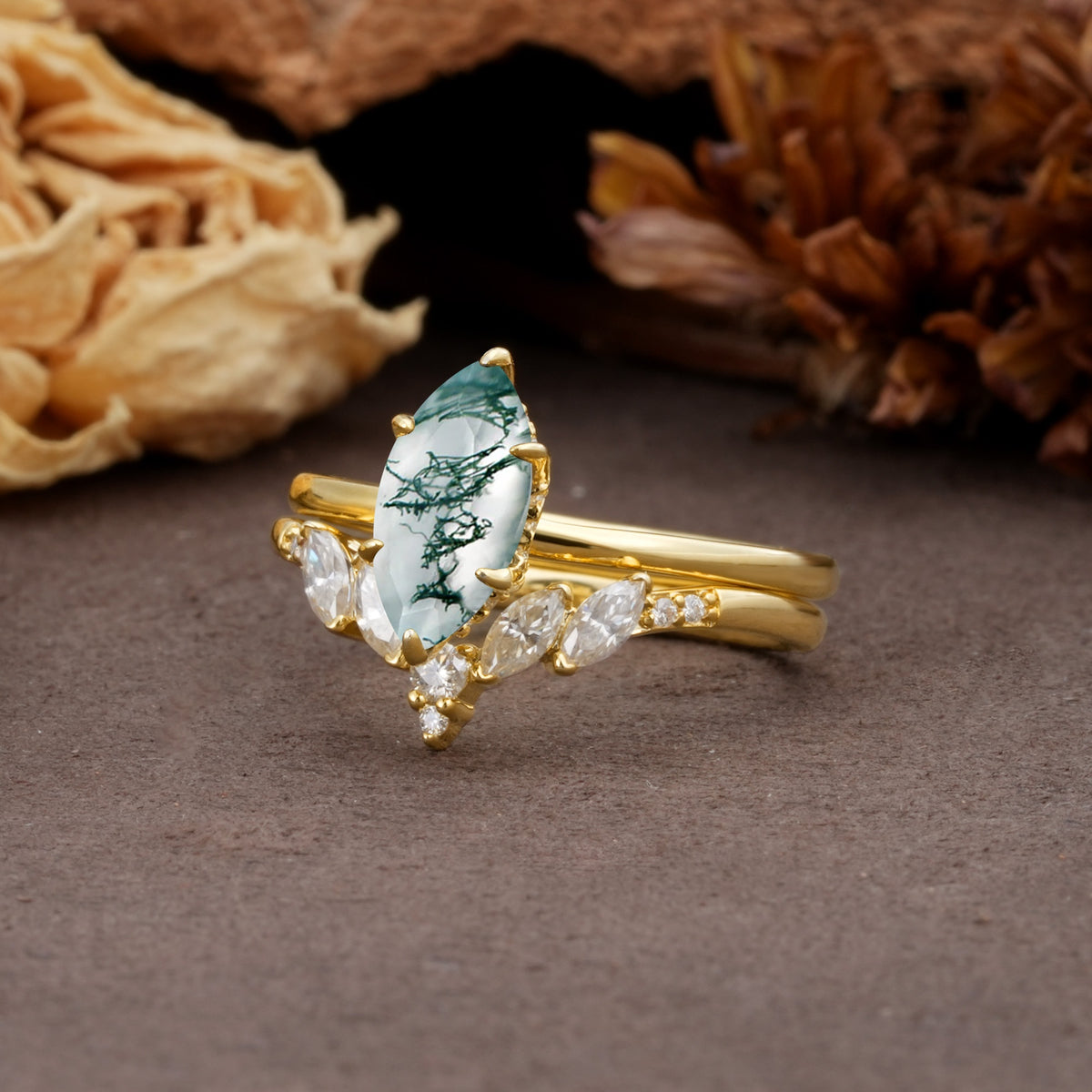 Luxurious Vintage 6-Prong Marquise Cut Moss Agate Bridal Ring Set - Rose-Gold