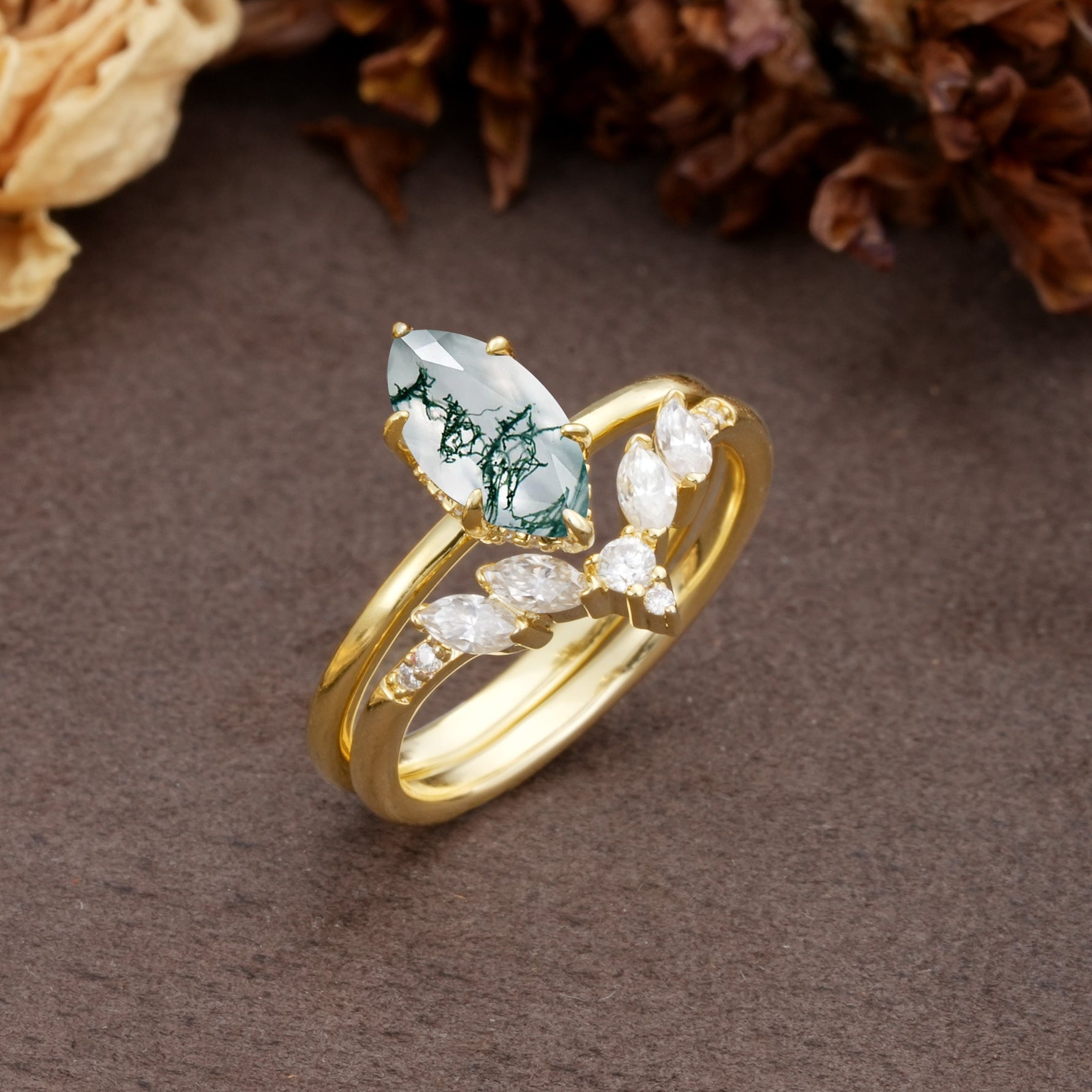Luxurious Vintage 6-Prong Marquise Cut Moss Agate Bridal Ring Set - White-Gold