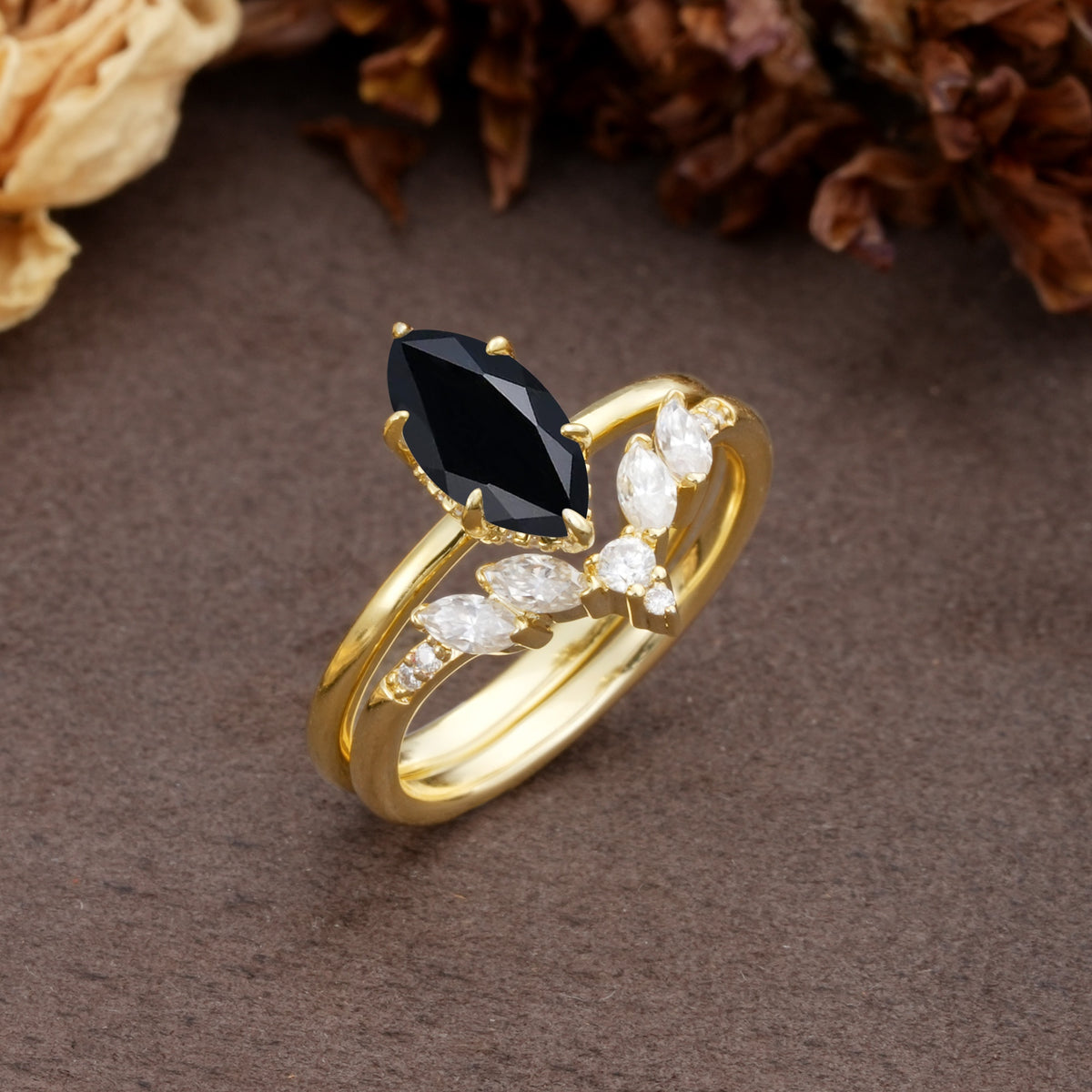 Luxurious Vintage 6-Prong Marquise Cut Black Onyx Bridal Ring Set - White-Gold