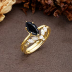 Luxurious Vintage 6-Prong Marquise Cut Black Onyx Bridal Ring Set - White-Gold