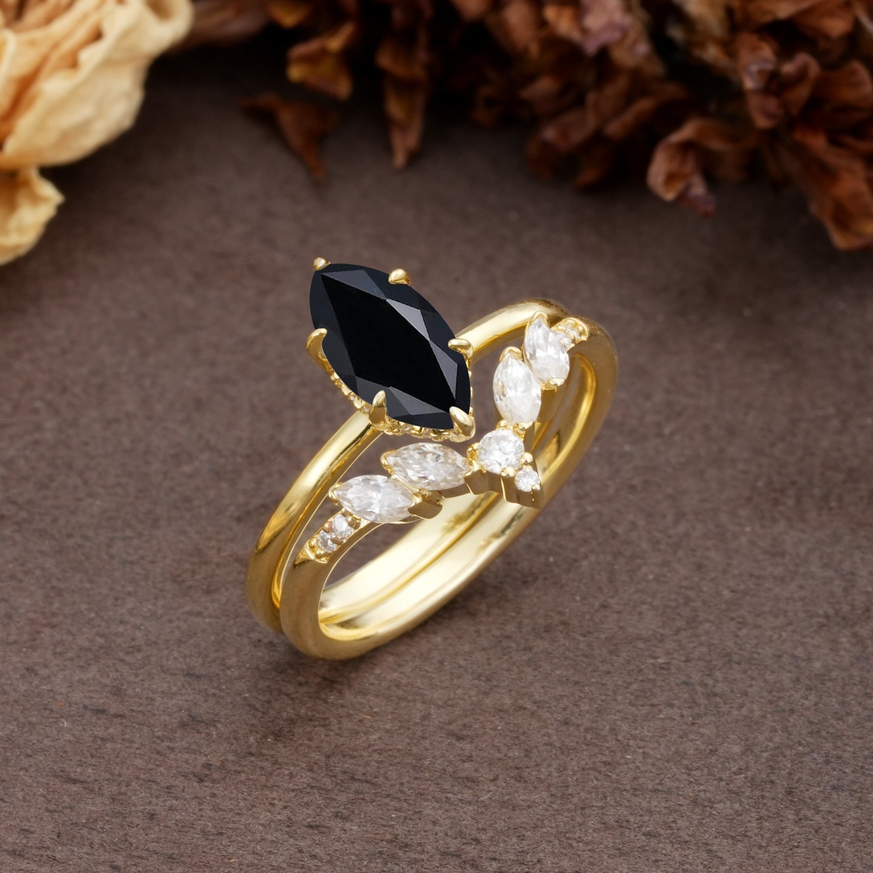 Luxurious Vintage 6-Prong Marquise Cut Black Onyx Bridal Ring Set - White-Gold