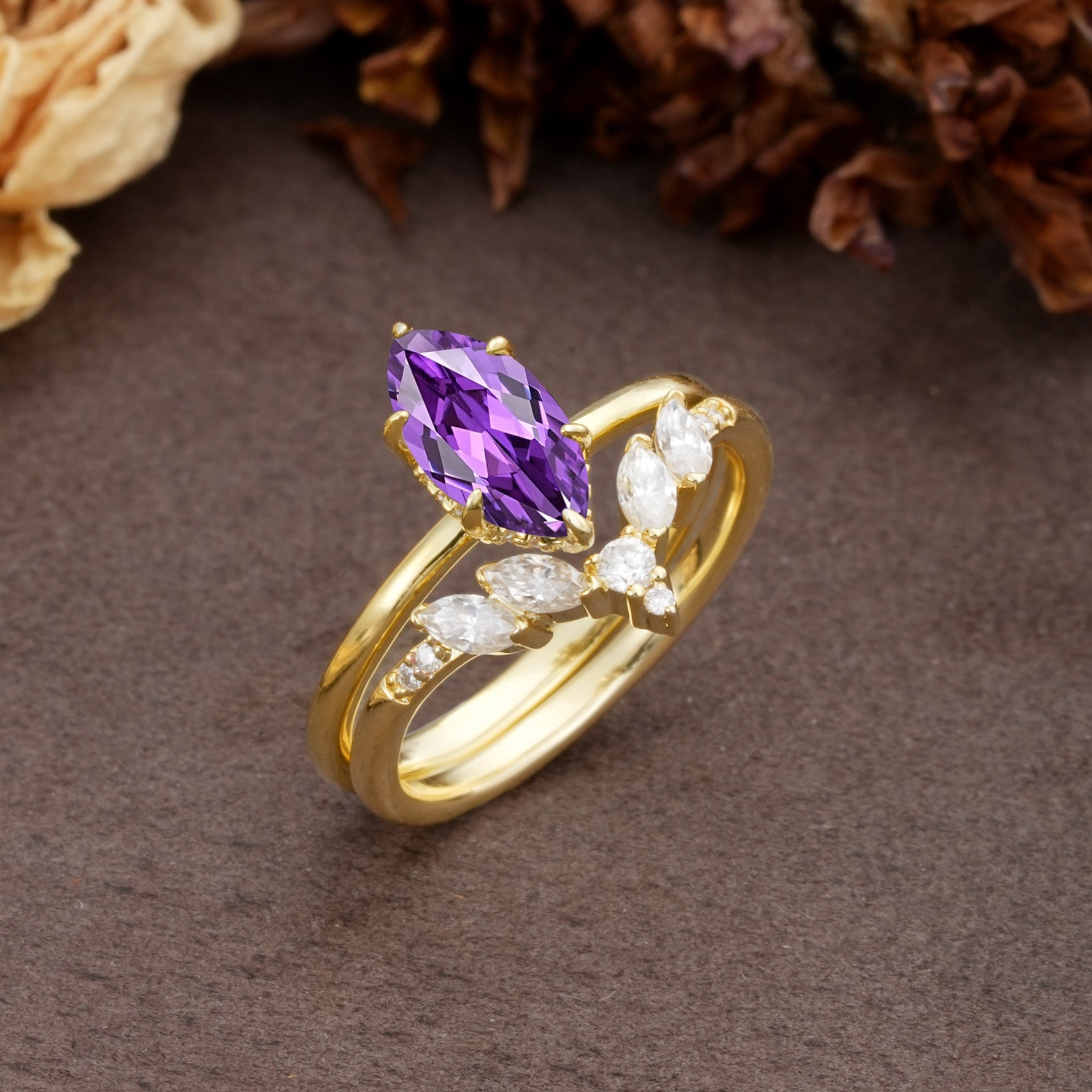 Luxurious Vintage 6-Prong Marquise Cut Amethyst Bridal Ring Set - White-Gold