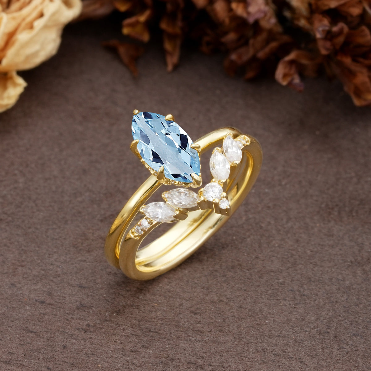 Luxurious Vintage 6-Prong Marquise Cut Aquamarine Bridal Ring Set - White-Gold