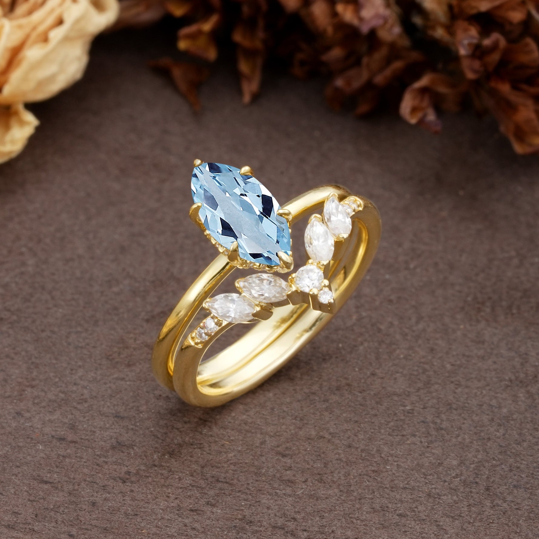 Luxurious Vintage 6-Prong Marquise Cut Aquamarine Bridal Ring Set - White-Gold