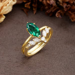Luxurious Vintage 6-Prong Marquise Cut Emerald Bridal Ring Set - White-Gold