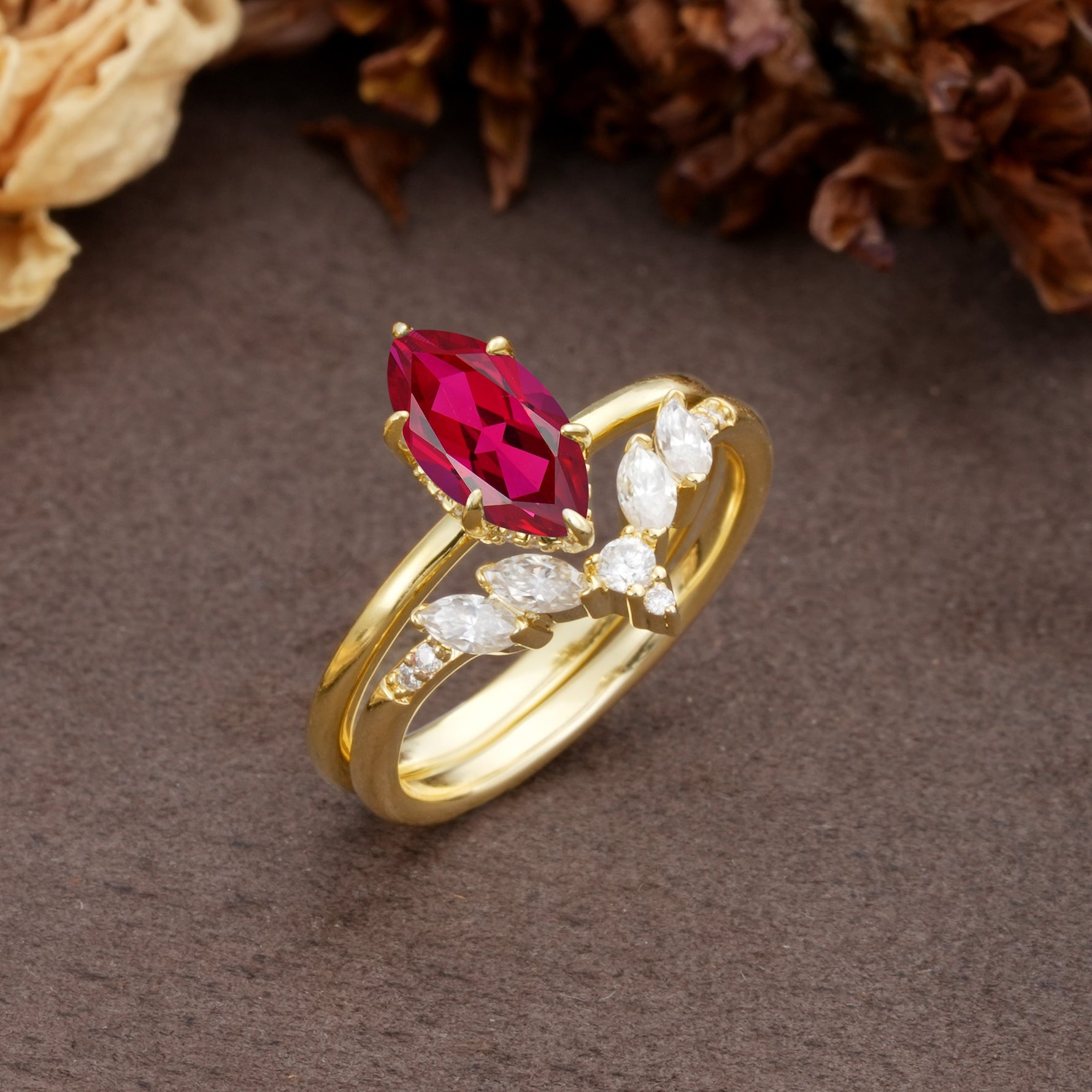 Luxurious Vintage 6-Prong Marquise Cut Ruby Bridal Ring Set - White-Gold