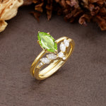 Luxurious Vintage 6-Prong Marquise Cut Peridot Bridal Ring Set - White-Gold
