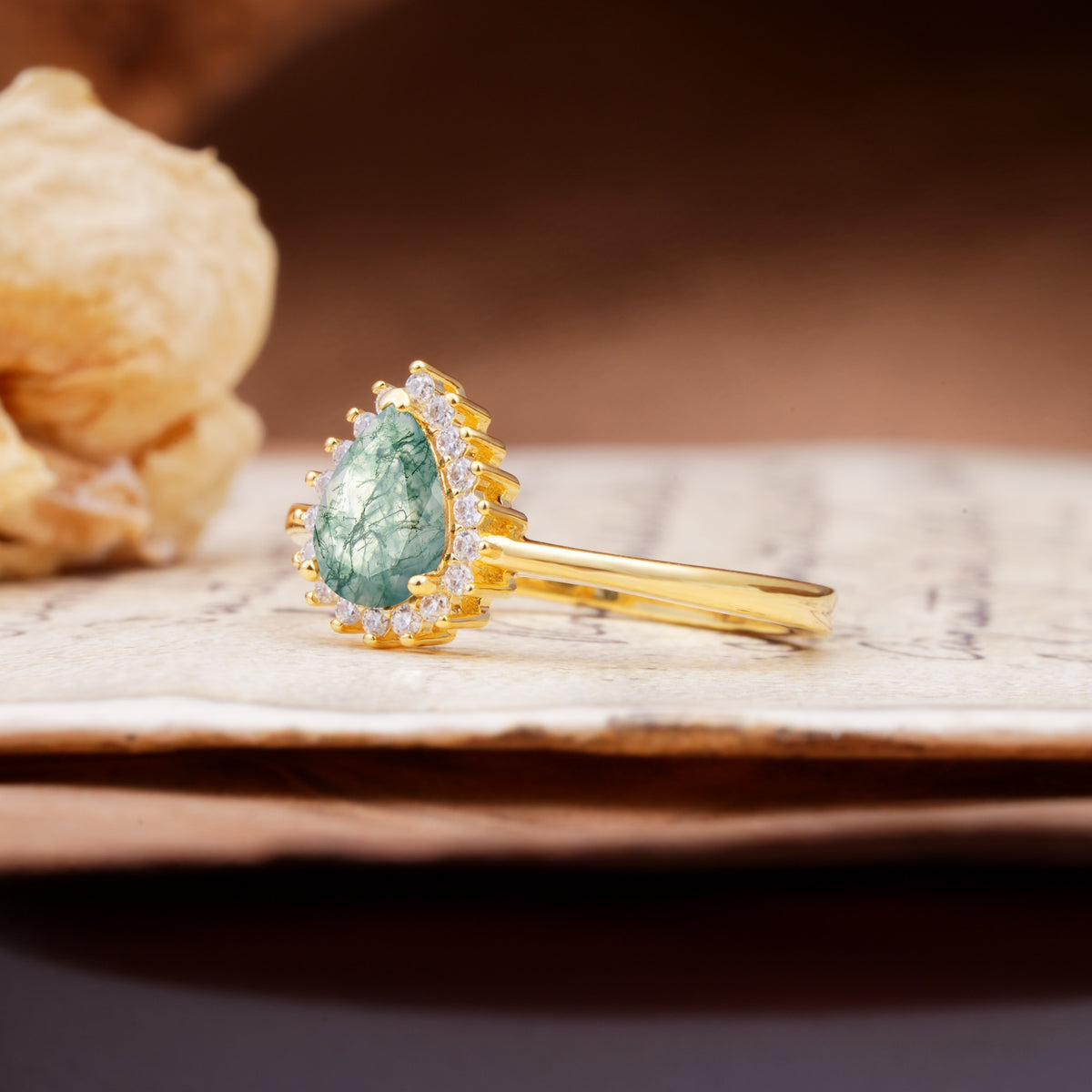 Classic Unique Luxury 4-Prong Oval Cut Moss Agate Engagement Ring - Additional view
