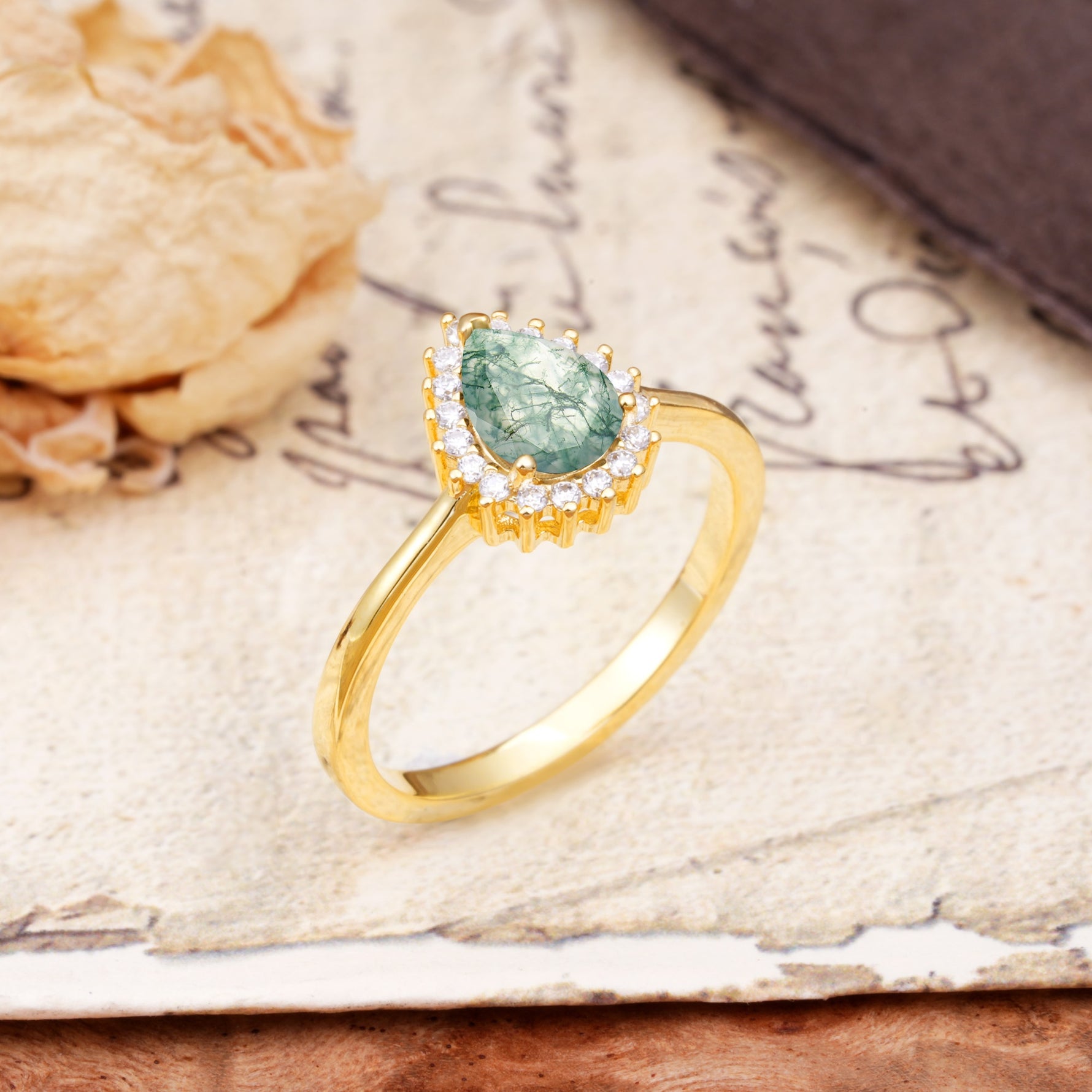 Classic Unique Luxury 4-Prong Oval Cut Moss Agate Engagement Ring - Additional view