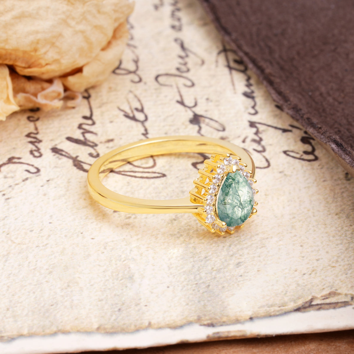 Classic Unique Luxury 4-Prong Oval Cut Moss Agate Engagement Ring - Additional view