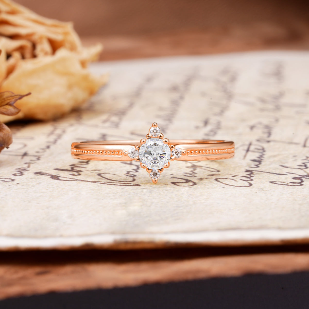 Simple 4-Prong Round Cut Moissanite Side Stone Engagement Ring - Additional view