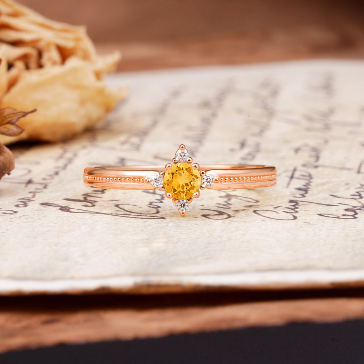 Simple 4-Prong Round Cut Citrine Side Stone Engagement Ring - Additional view