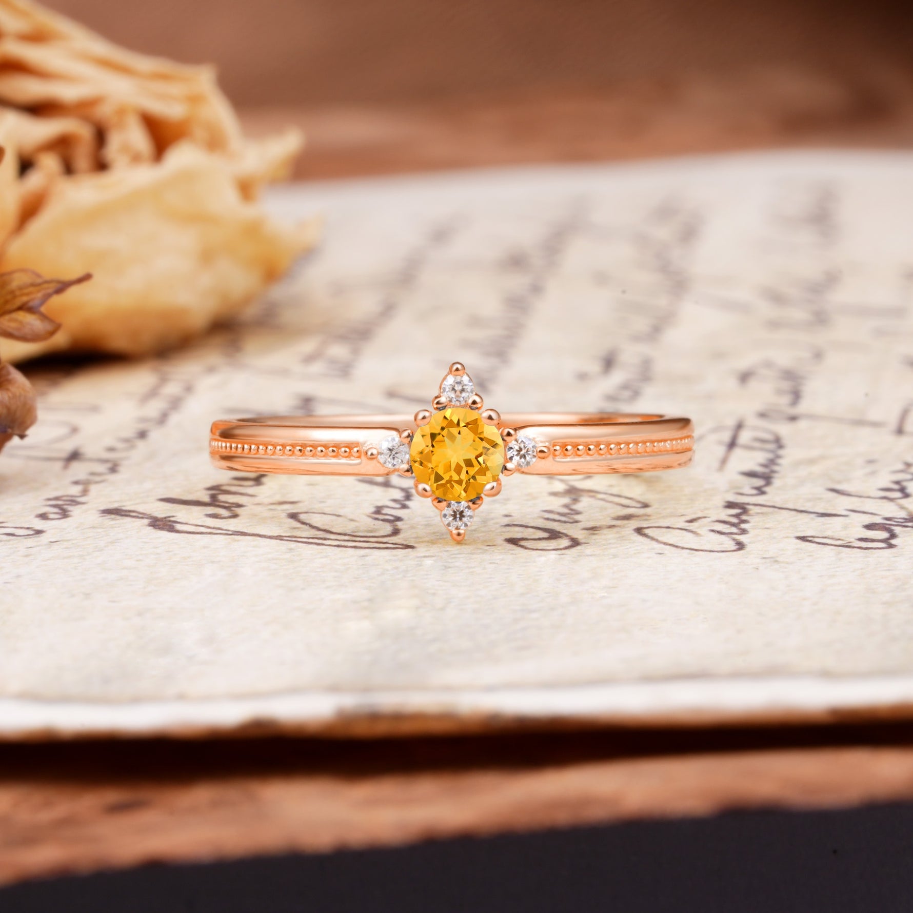 Simple 4-Prong Round Cut Citrine Side Stone Engagement Ring - Additional view