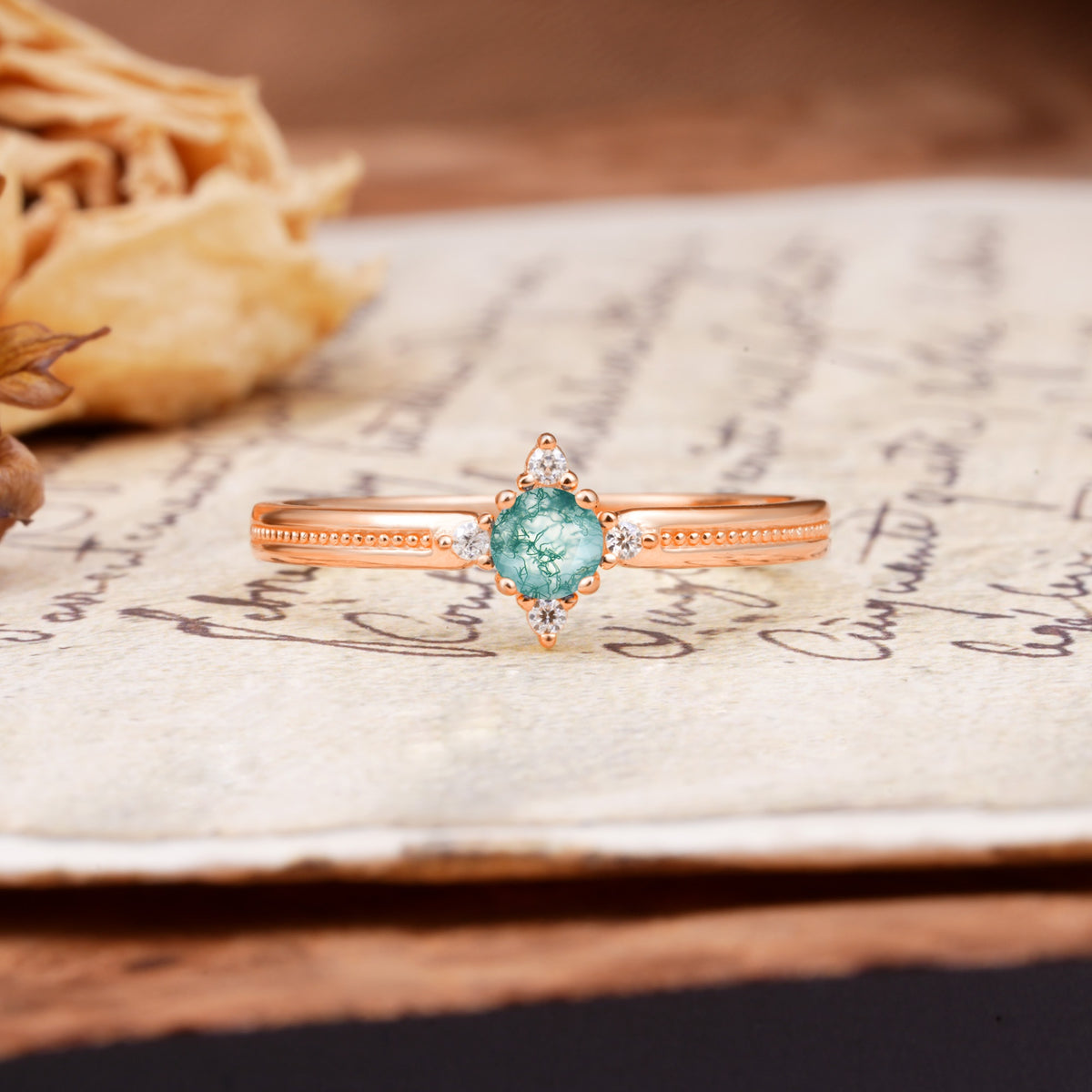 Simple 4-Prong Round Cut Moss Agate Side Stone Engagement Ring - Additional view