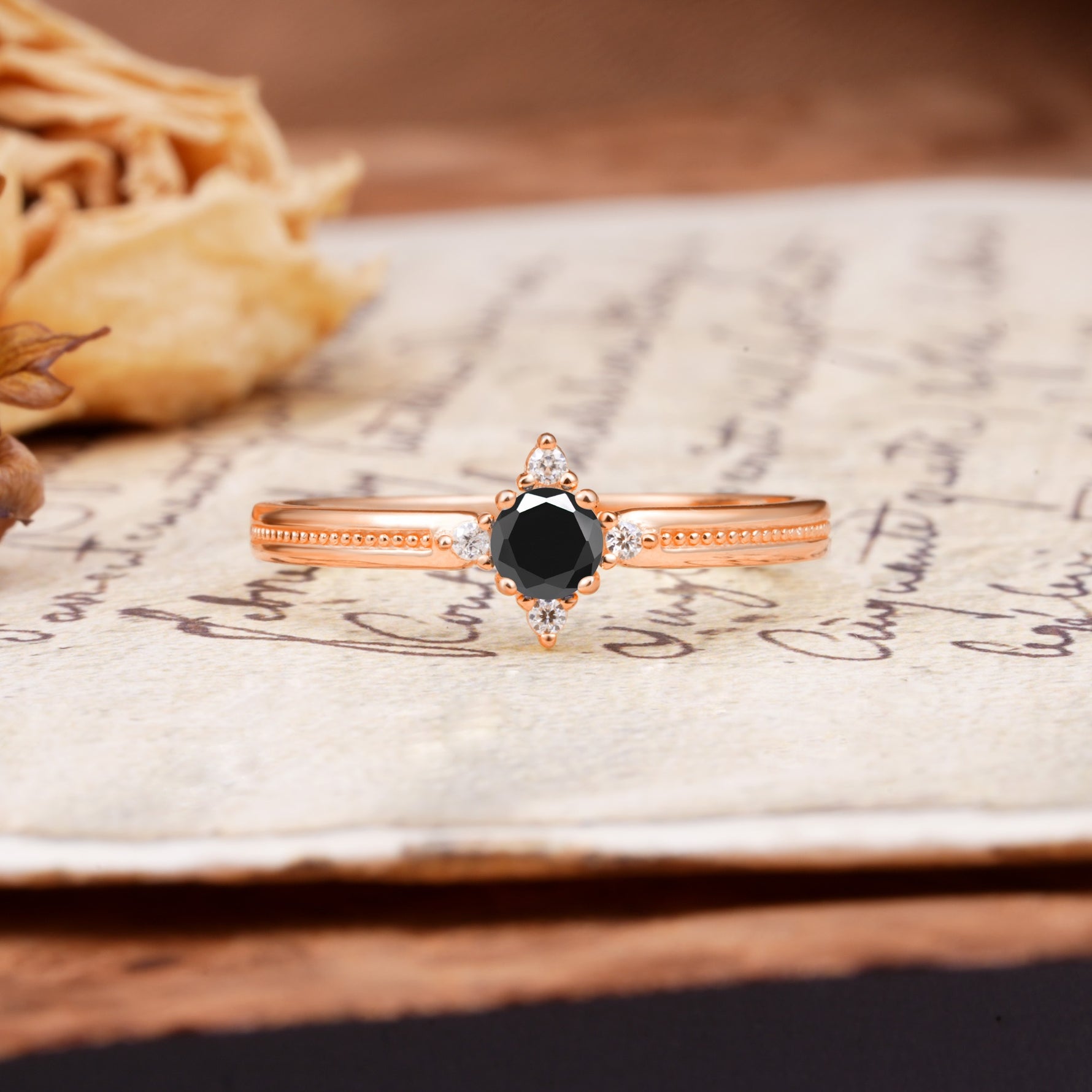 Simple 4-Prong Round Cut Black Onyx Side Stone Engagement Ring - Additional view