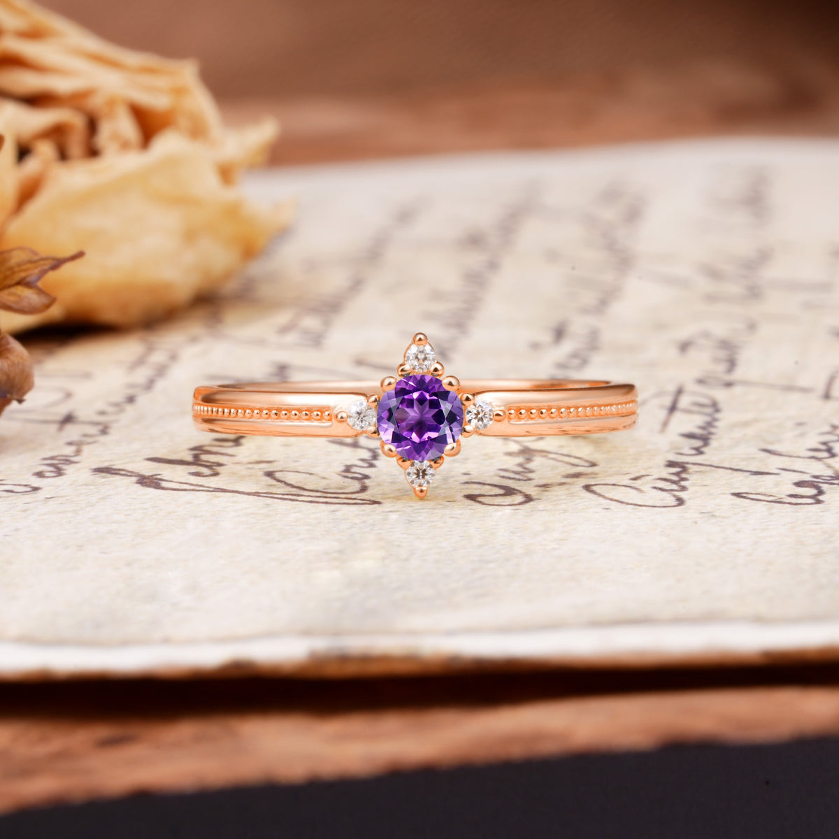 Simple 4-Prong Round Cut Amethyst Side Stone Engagement Ring - Additional view