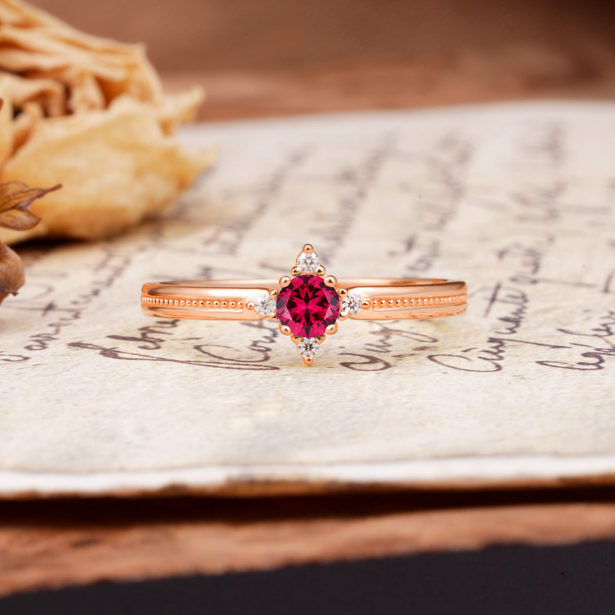 Simple 4-Prong Round Cut Ruby Side Stone Engagement Ring - Additional view