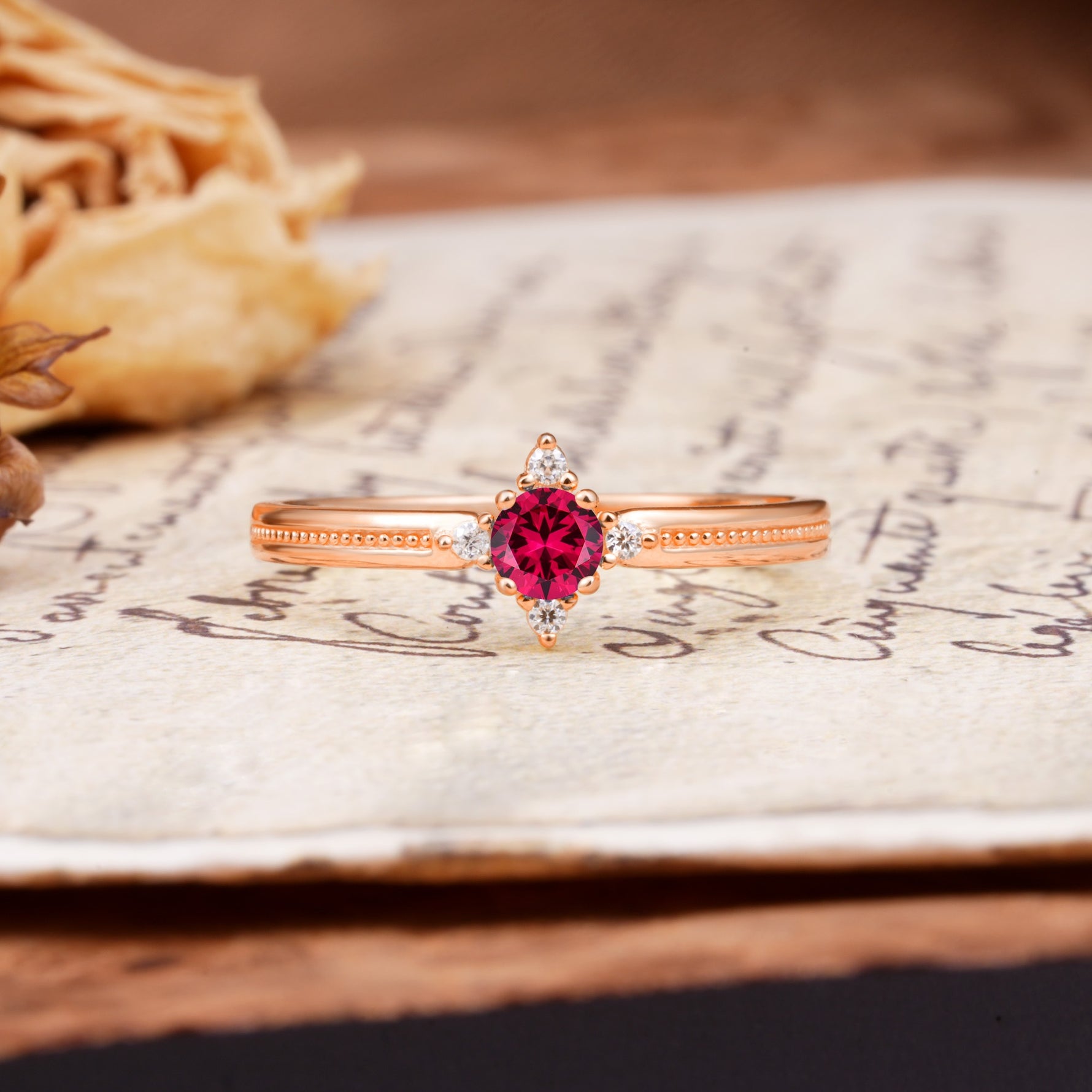 Simple 4-Prong Round Cut Ruby Side Stone Engagement Ring - Additional view