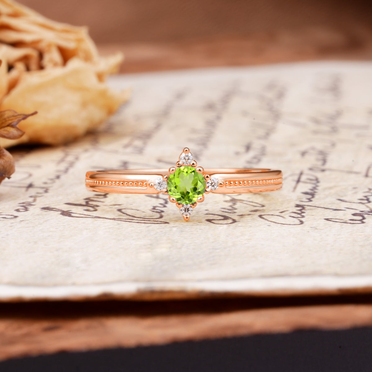 Simple 4-Prong Round Cut Peridot Side Stone Engagement Ring - Additional view