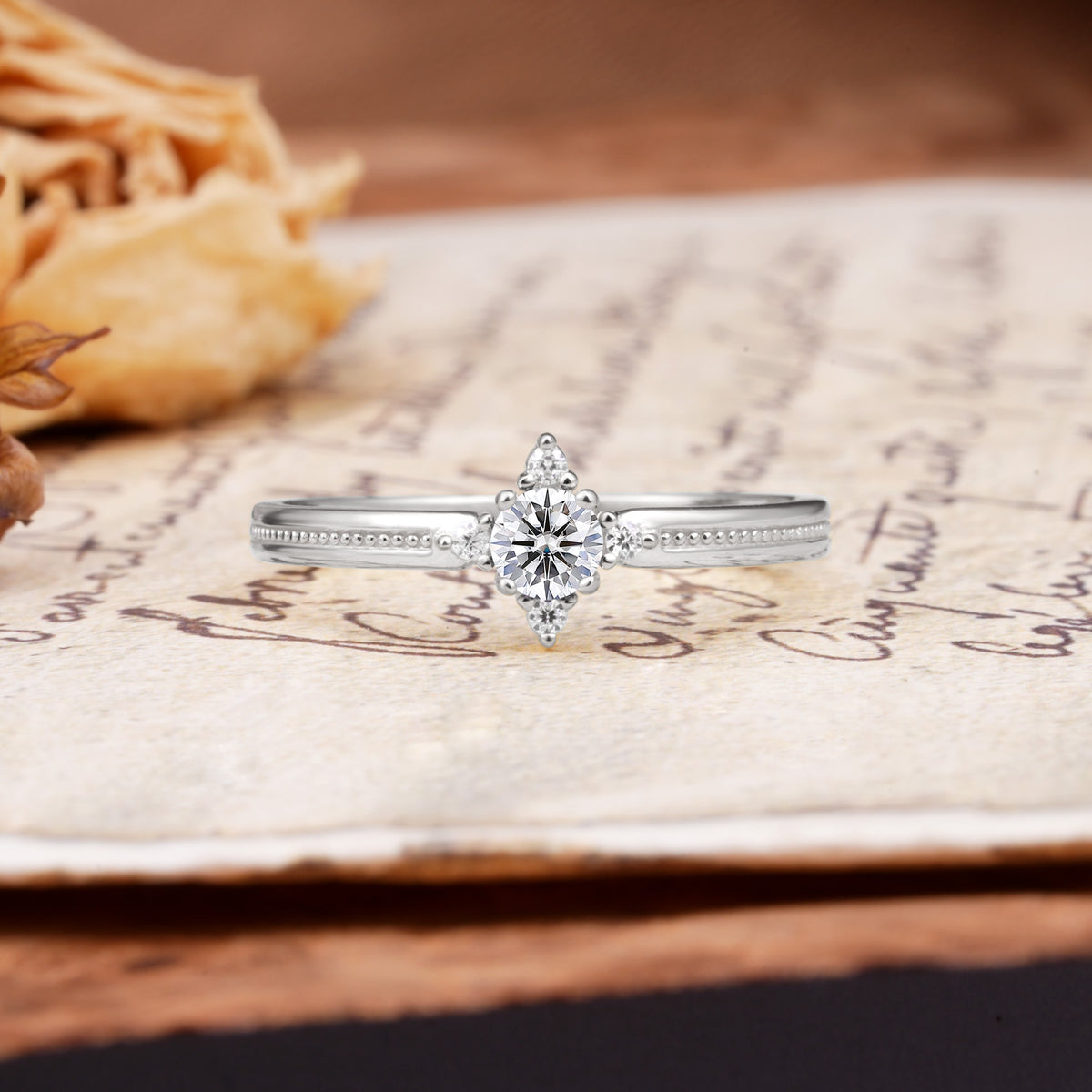 Simple 4-Prong Round Cut Lab Diamond Side Stone Engagement Ring - Additional view