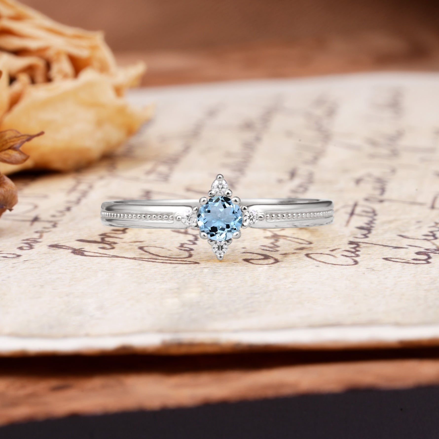 Simple 4-Prong Round Cut Aquamarine Side Stone Engagement Ring - Additional view